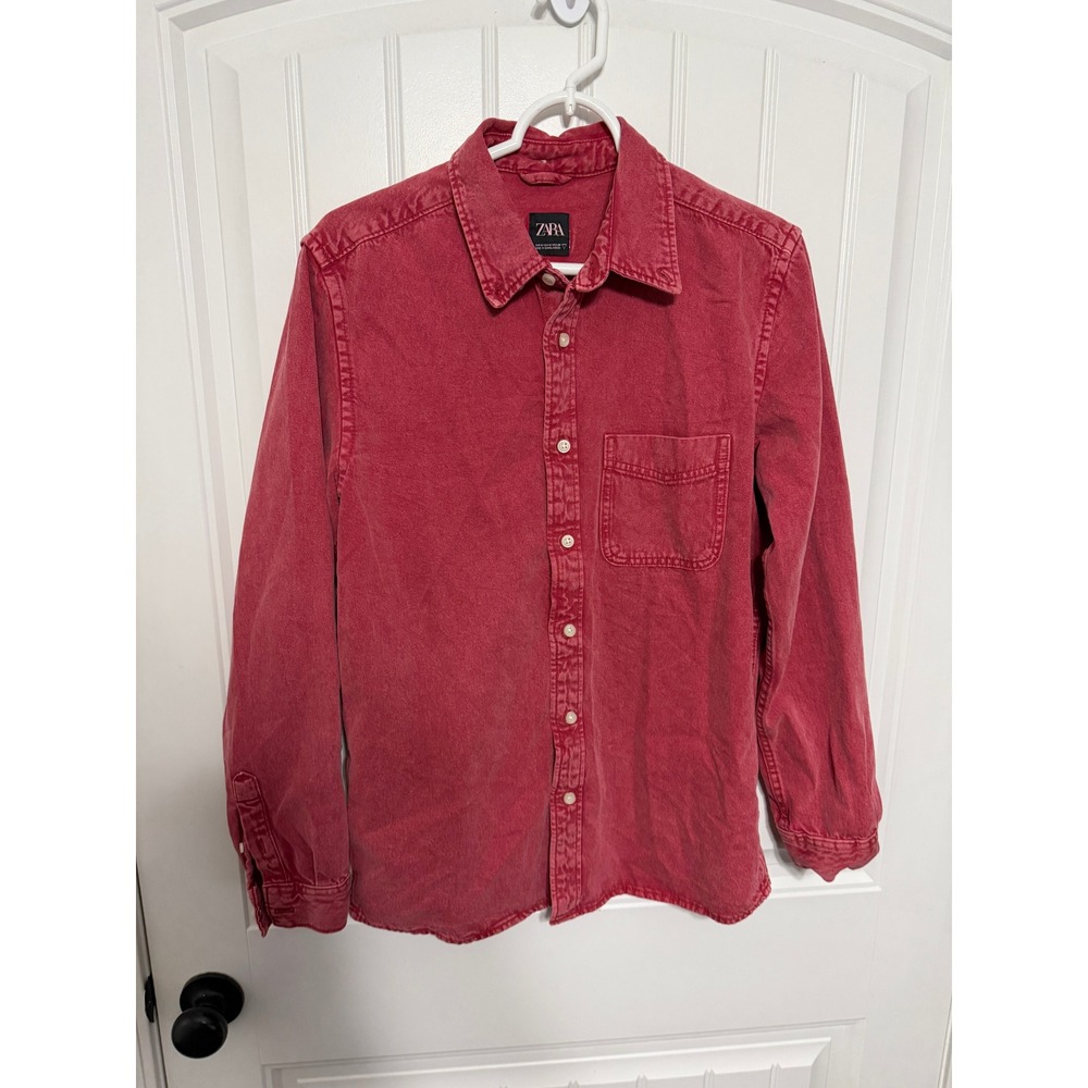 Zara Button Down Mens Medium Red Denim Long Sleeve Washed Cotton Shirt EUC